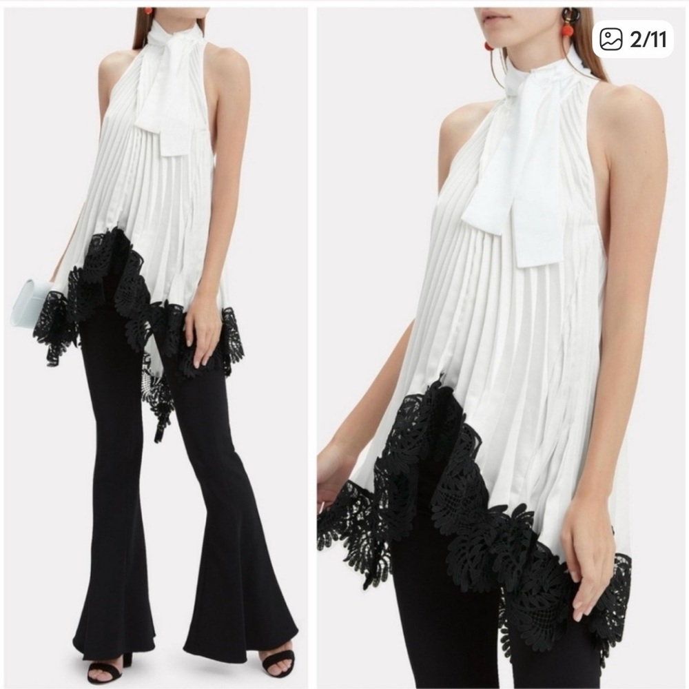 Self-Portrait White Pleated One-Shoulder Top with Black Lace Trim